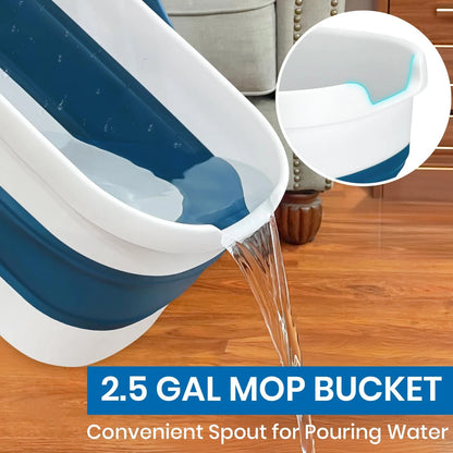 Collapsible Mop and Bucket Set with Scrub 52 inch long handle, Blue White