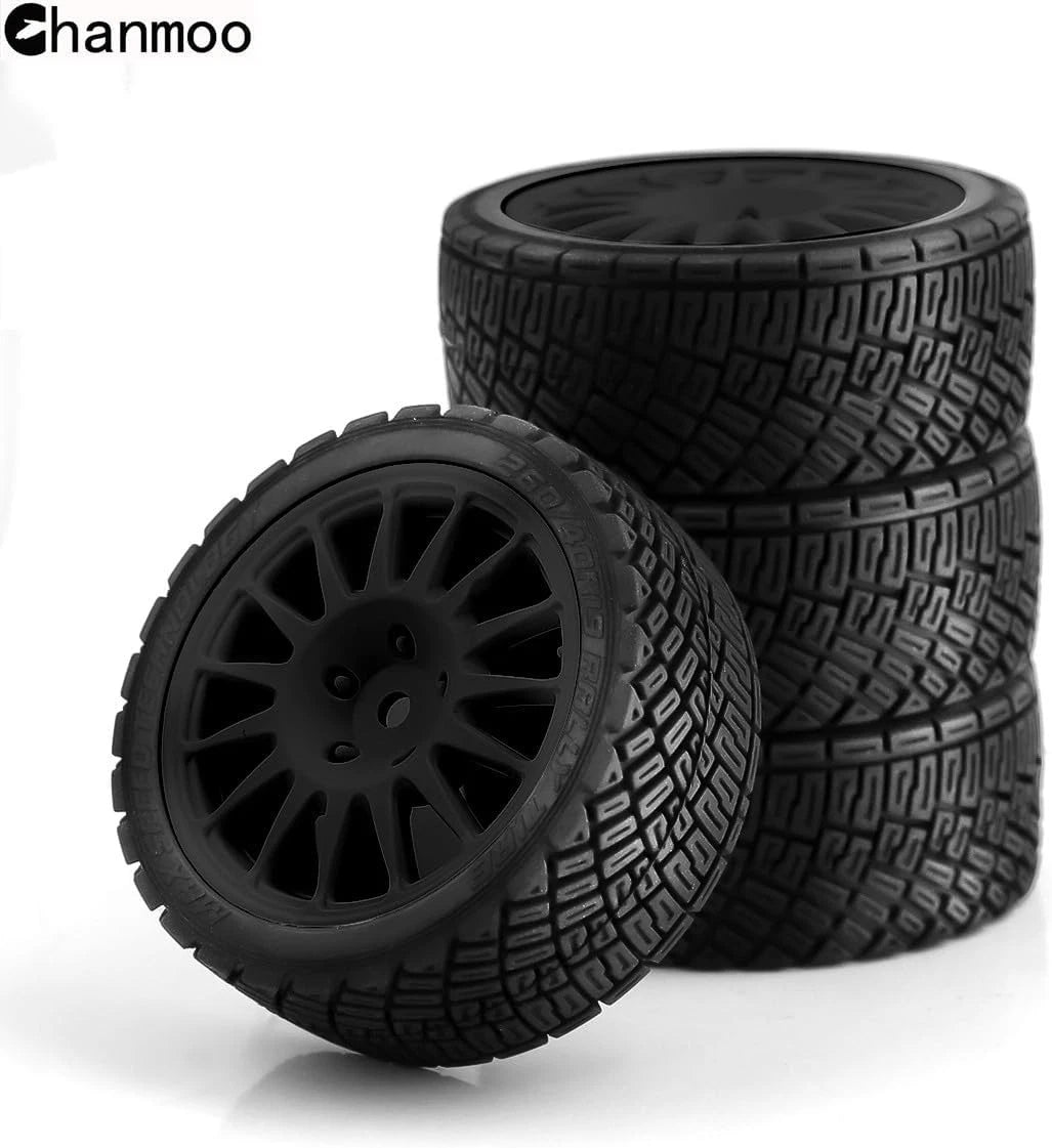 1/10 RC Rally Car Tires 12mm Hex Plastic Wheels Rims & On Road Tyres Black