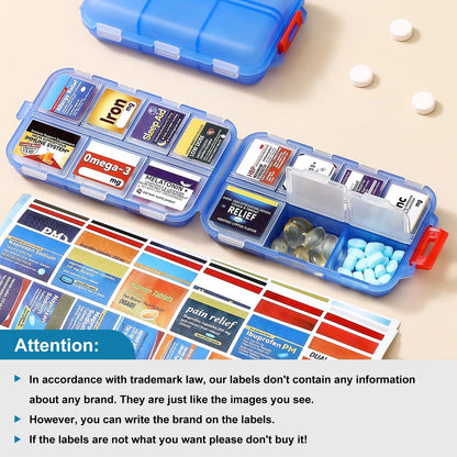 14 Grids Travel Pill Organizer Box with Bulk Med Labels, Clear-blue