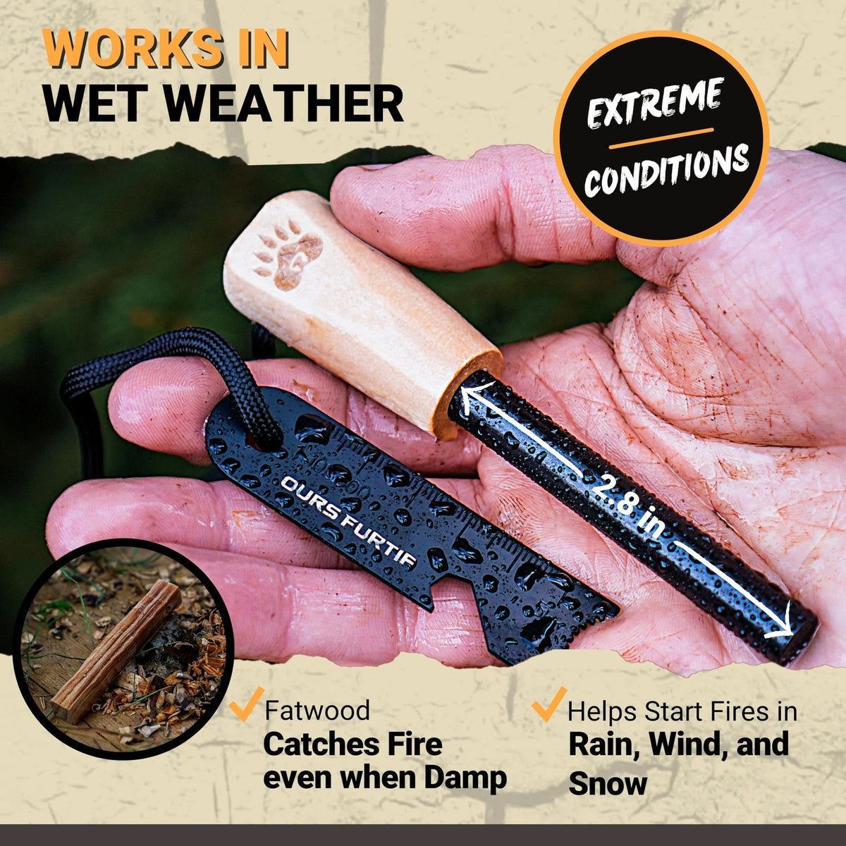 Ferro Rod Fire Starter Kit with Fatwood Tinder Stick - 3/8", Natural Wood