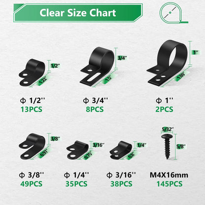 Cable Clips for Management Cord Organizer, 6 Sizes 290pcs, 290PCS Black