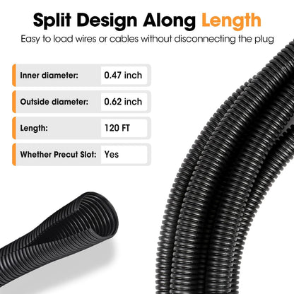 120 FT Wire Loom 1/2 Inch, Split 1/2" x 120ft-Black, x 120ft-Black