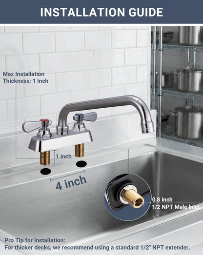 Phivan Commercial Sink Faucet 4 4" Center 10" Swivel Spout, Polished Chrome