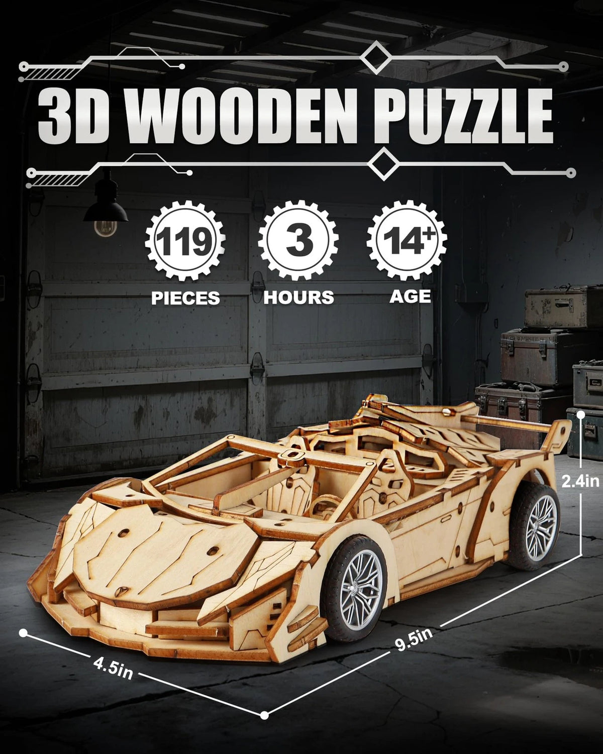 MOCBURIKU 3D Wooden Puzzles for Adults Roadster, Normal, Wood Color