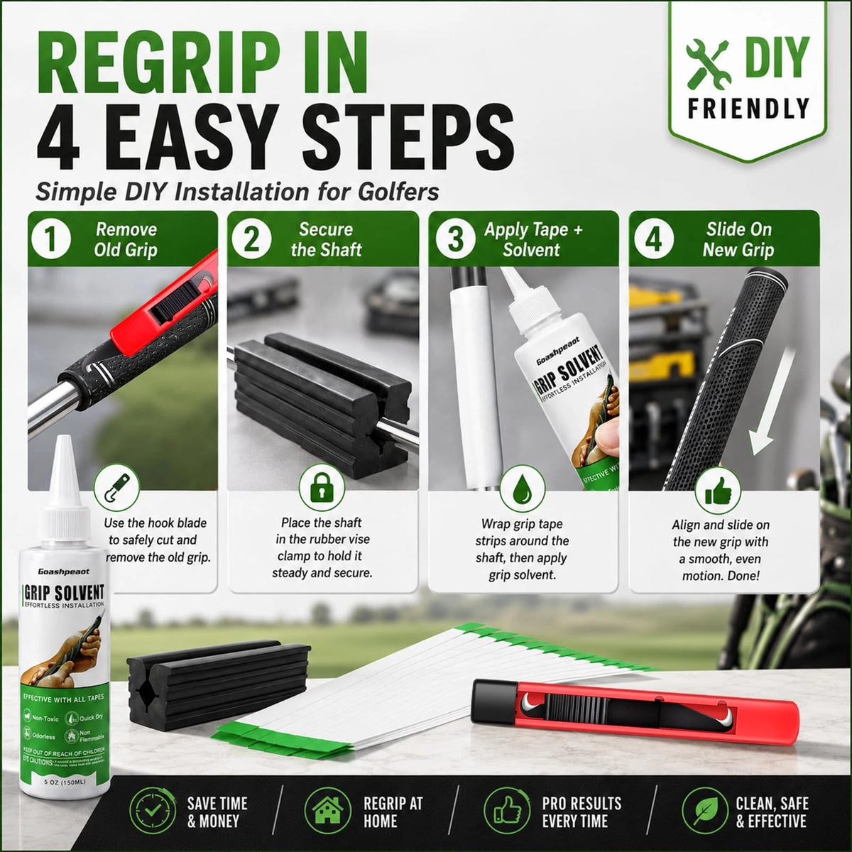 Goashpeaot Golf Grip Solvent and Club Regripping Kit, Green