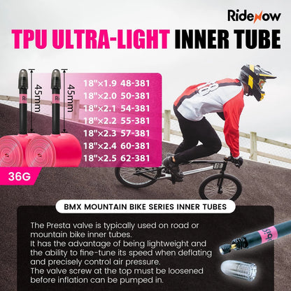 RideNow BMX Inner Tube 16",18",20" 18''/1.9-2.5 36g-2Pack, 2 pack 45mm valve