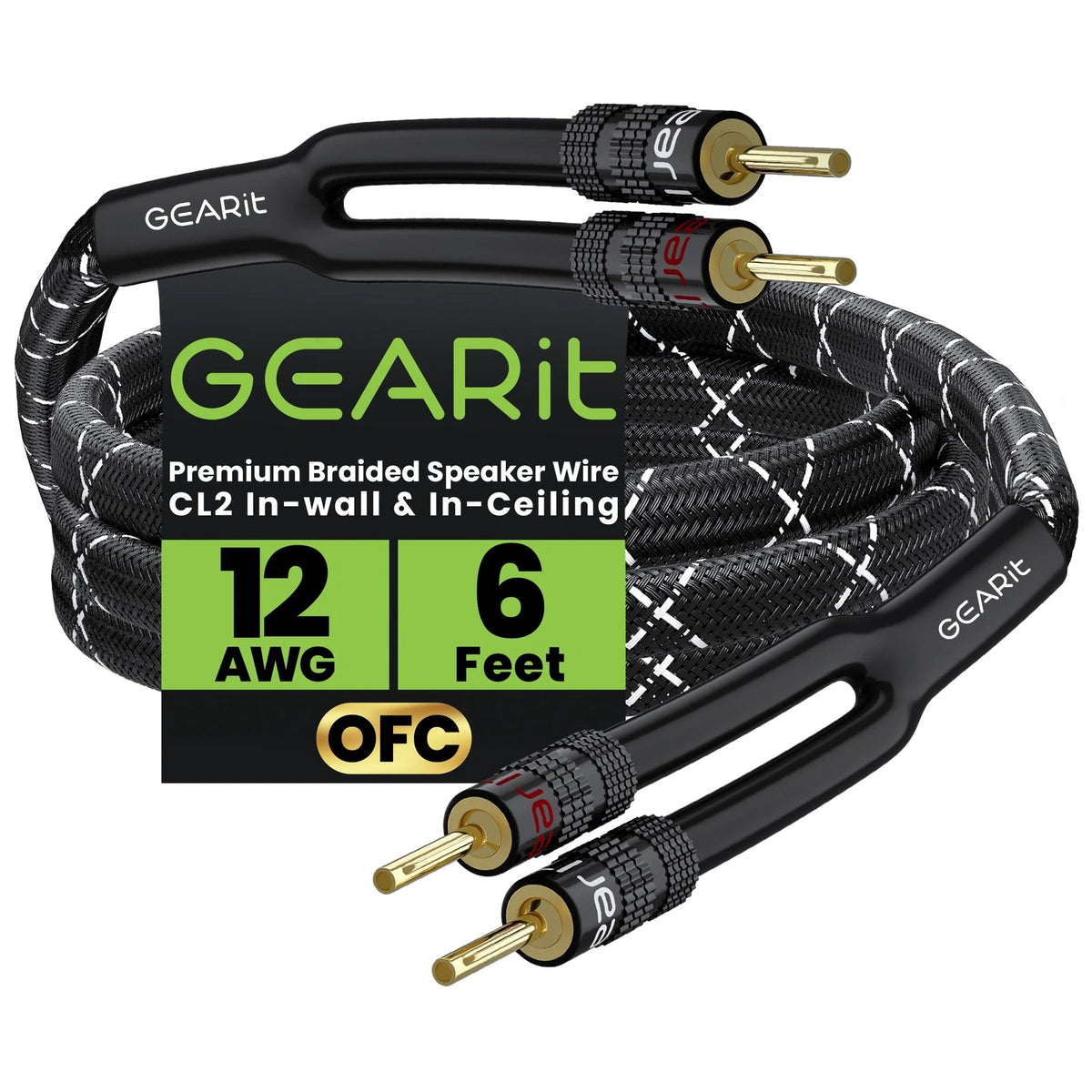 GearIT 12AWG Speaker Cable Wire with Gold-Plated Banana Tip 6 Feet, Black