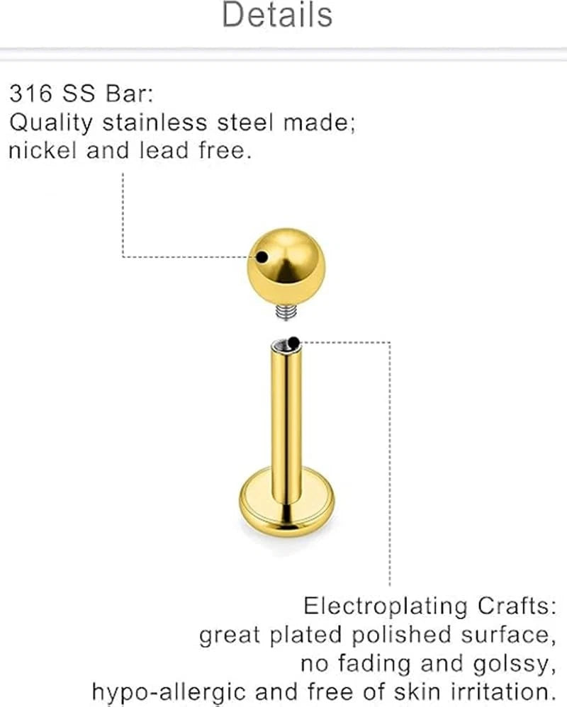 Solala 8pcs 16G Stainless Steel 3mm Ball Labret 6mm, 8mm, 10mm, 12mm, Gold