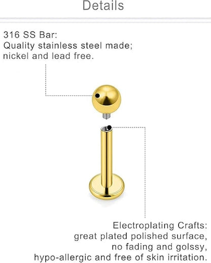 Solala 8pcs 16G Stainless Steel 3mm Ball Labret 6mm, 8mm, 10mm, 12mm, Gold