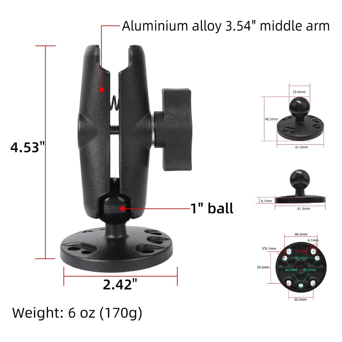 FPN 1" Ball Double Socket Arm with AMPS Hole Round Plate Base, 4.53" Length