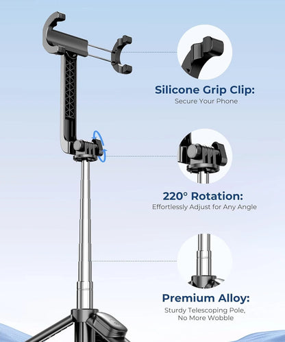 Fuloview 67” Selfie Stick Tripod for iPhone, Lightweight Travel Phone Black