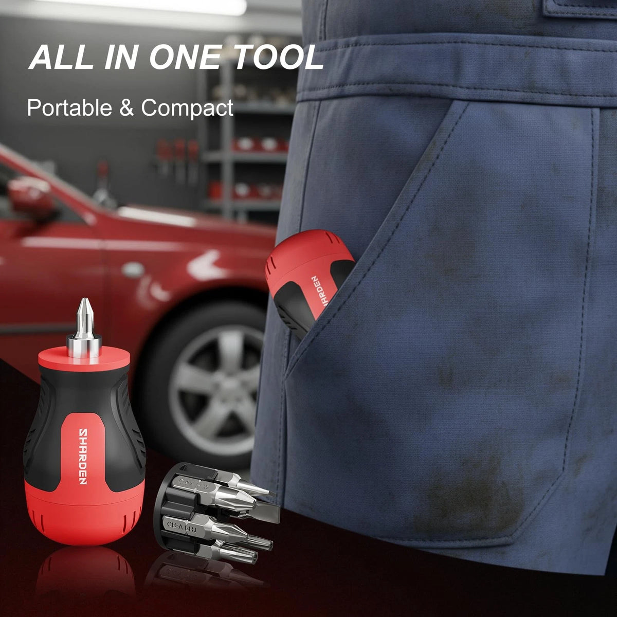 SHARDEN 8 in 1 Stubby Multi Screwdriver with 6 CRV Bits Standard, Red