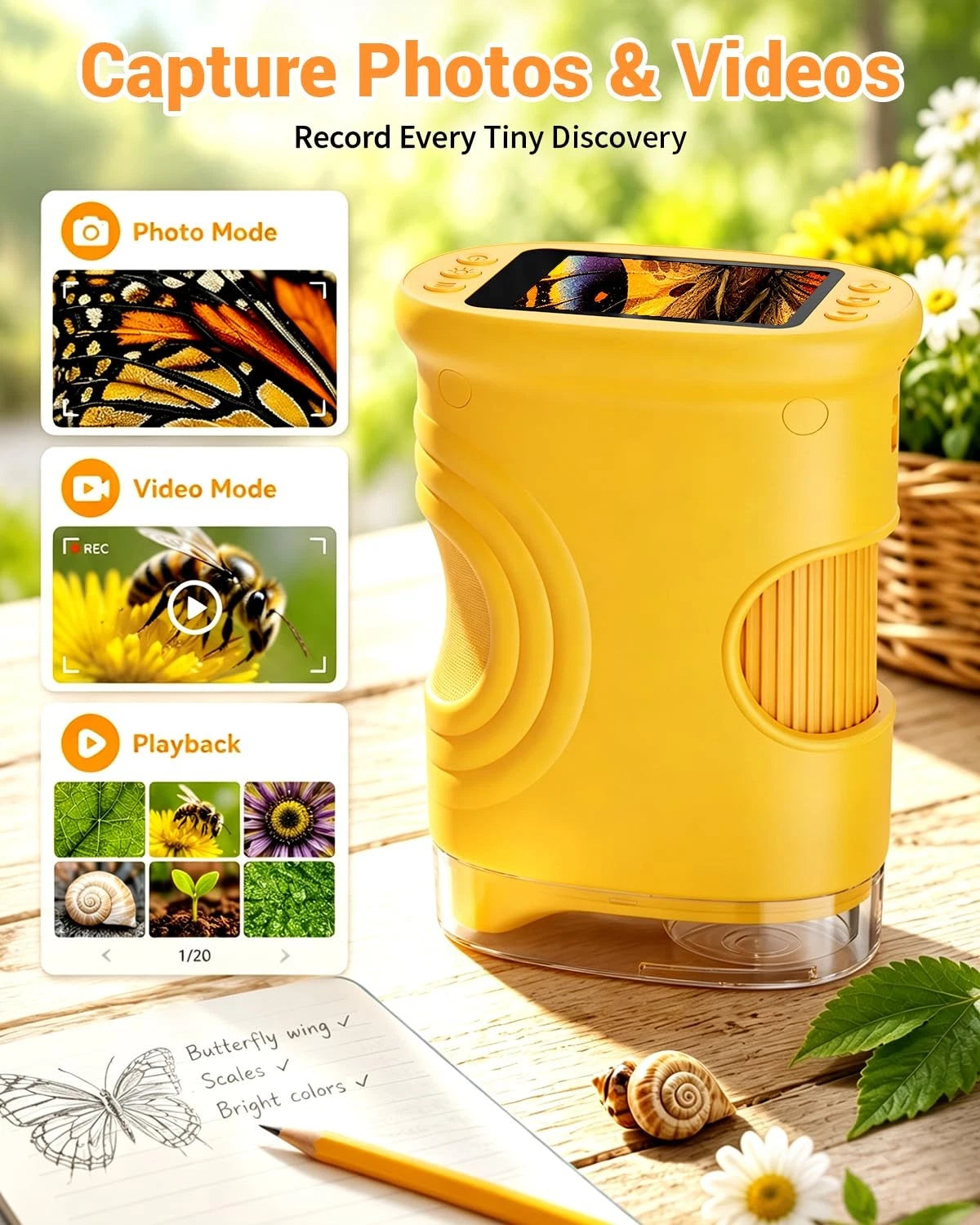 1000X Digital Handheld Microscope for Kids with 2.0" IPS Screen, Orange