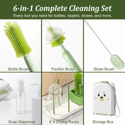 Travel Baby Bottle Cleaner Kit with Storage Case – 6-in-1 Compact Green