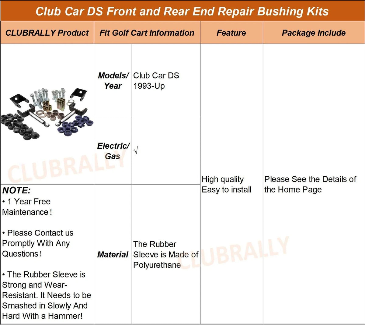CLUBRALLY Club Car DS Deluxe Golf Cart Front and Rear End Repair Black
