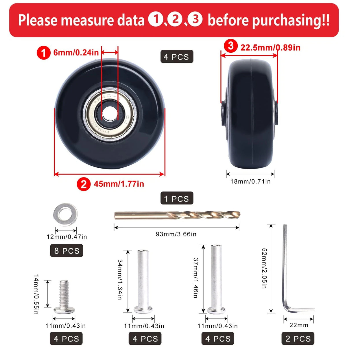 FLIHONST45*18mm Precision Ball Bearing Wheel Luggage Suitcase Small, black