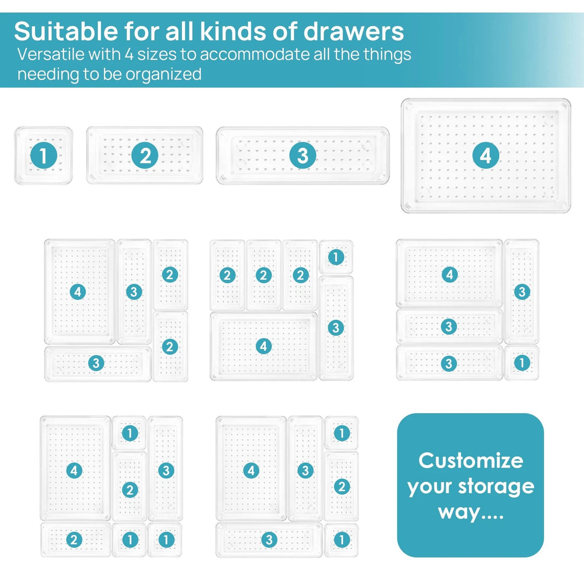 Vtopmart 25 PCS Clear Plastic Drawer Organizers Set, 4-Size Versatile