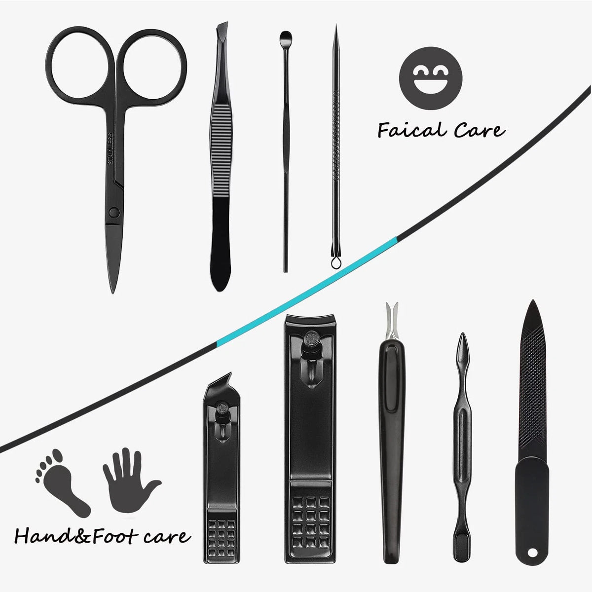 HANTEKAS Manicure Set 9 in 1 Stainless Steel, Nail Blue-big Clipper