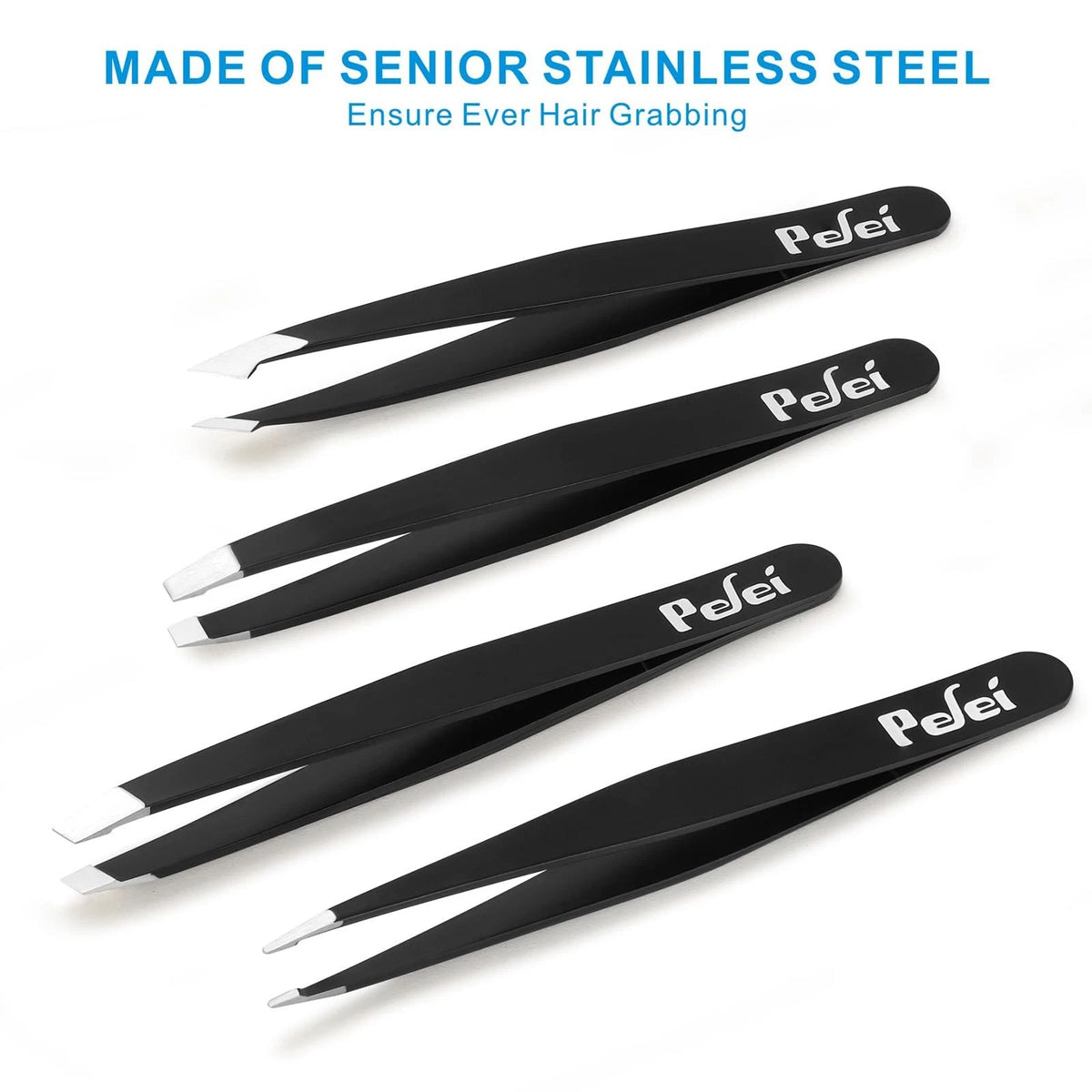 Pefei Tweezers Set - Professional Stainless Steel 4 Piece set, Black