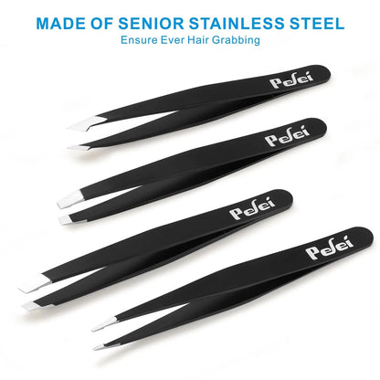 Pefei Tweezers Set - Professional Stainless Steel 4 Piece set, Black