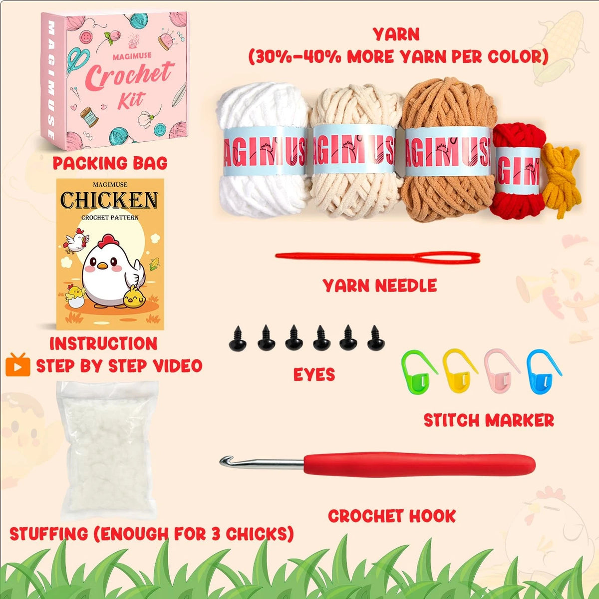 MAGIMUSE Crochet Kit for Beginners, 3 Pcs Chicken Small, 3
