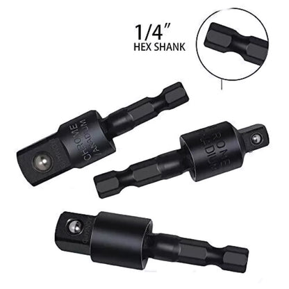 3pcs 360 Degree 1/4in Hex Shank 1/4in 3/8in 1/2in Extension Socket Adapter