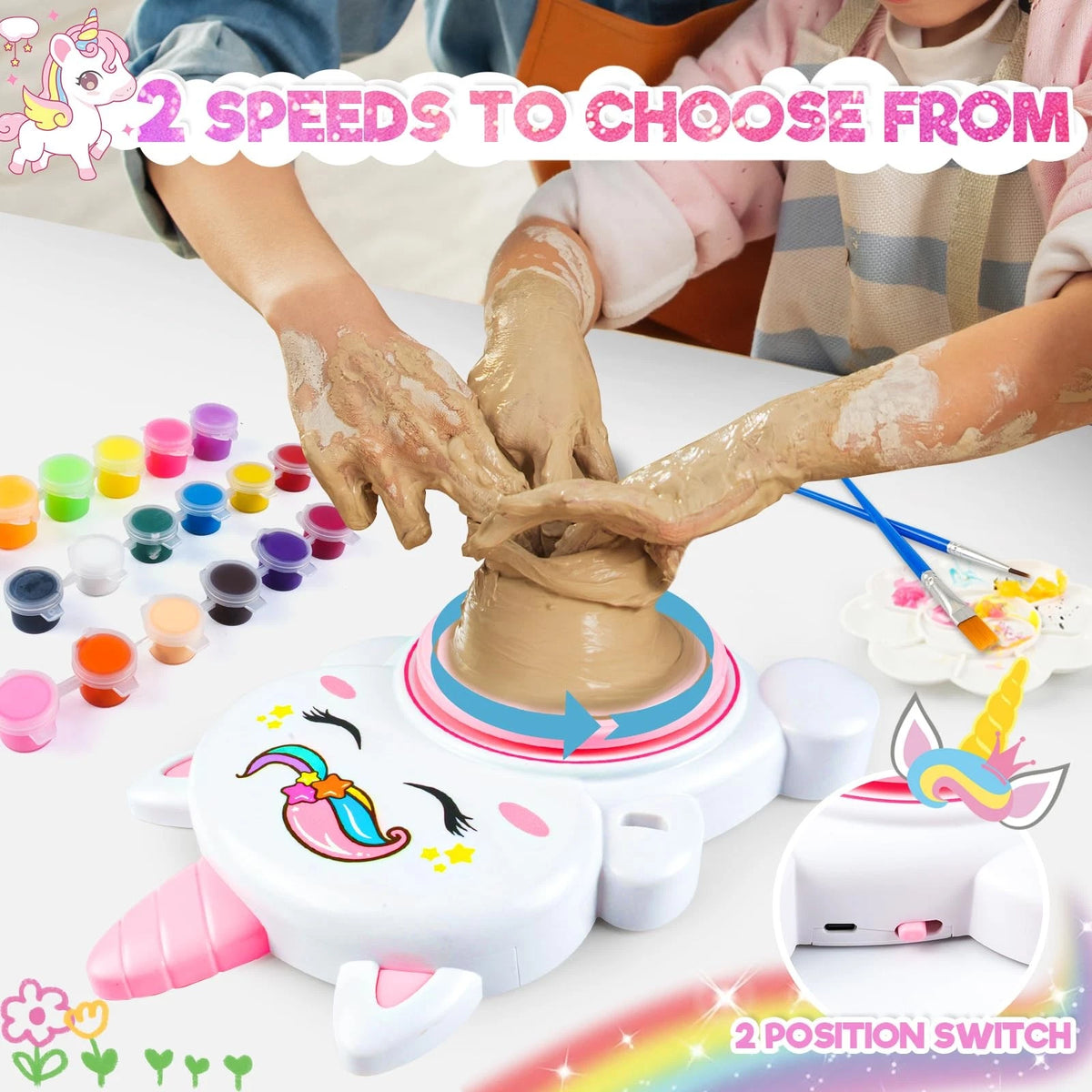 Pottery Wheel Kit for Kids with Glow Paints, Complete Arts white