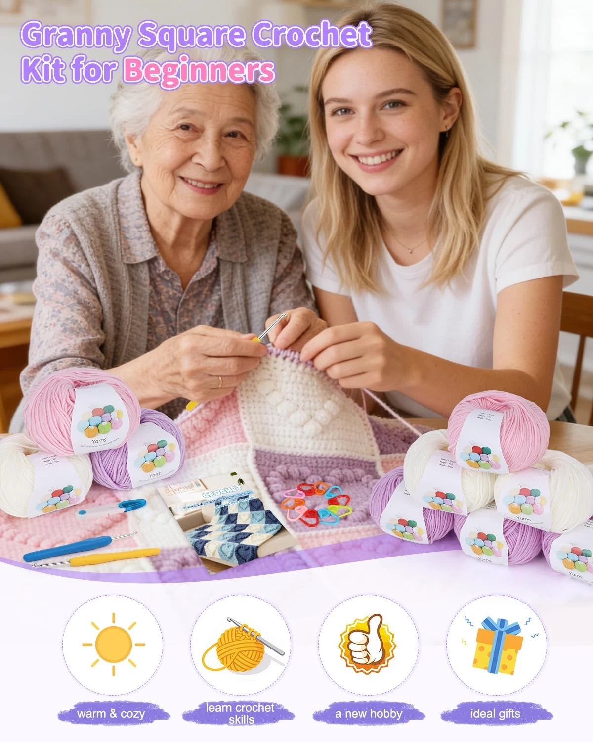 Coopay Crochet Kit for Beginners, GS Blanket Kit, Pinkish-Purple Heart-Shaped