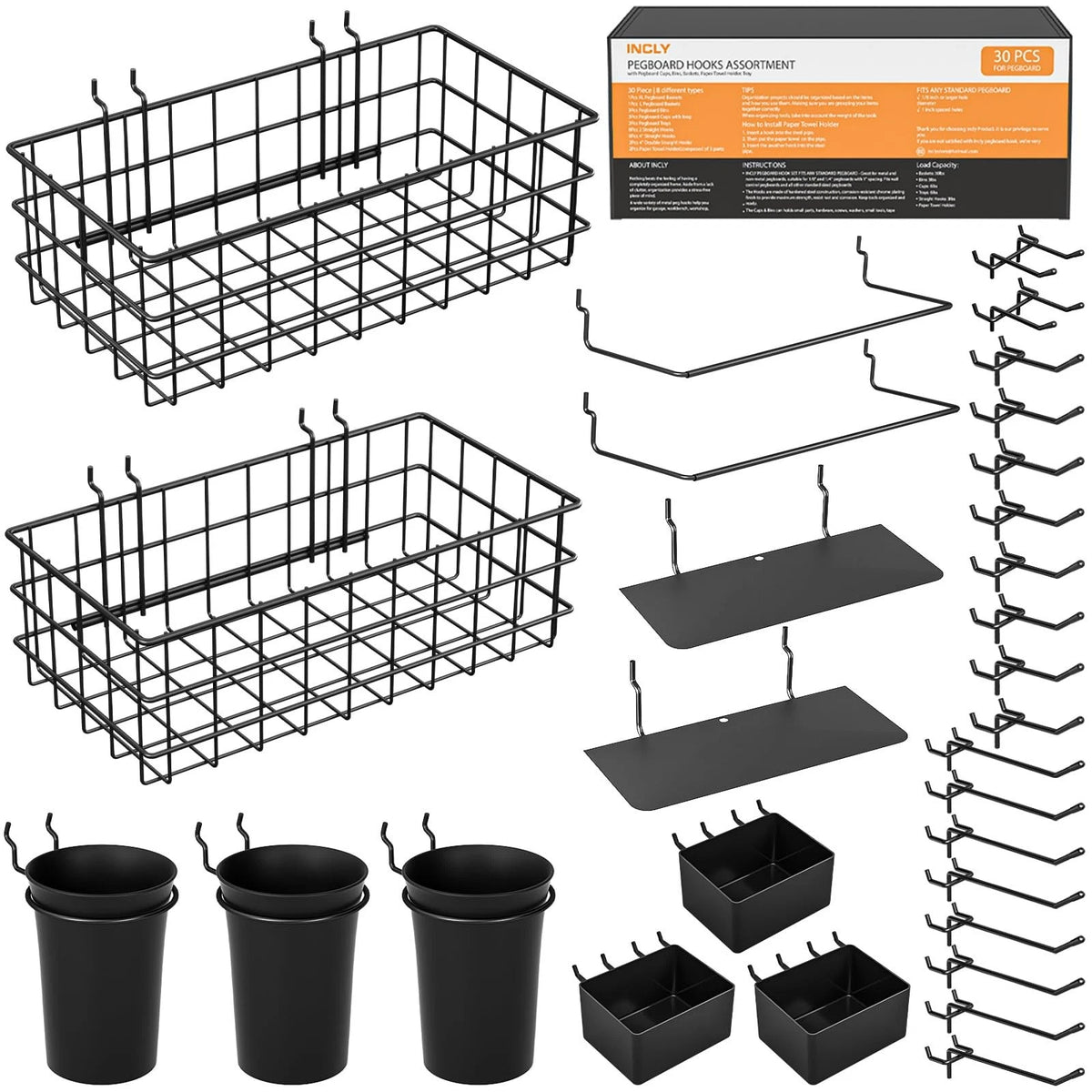 INCLY 30PCS Peg Board Organizer Accessories Kit, Pegboard Hooks Black