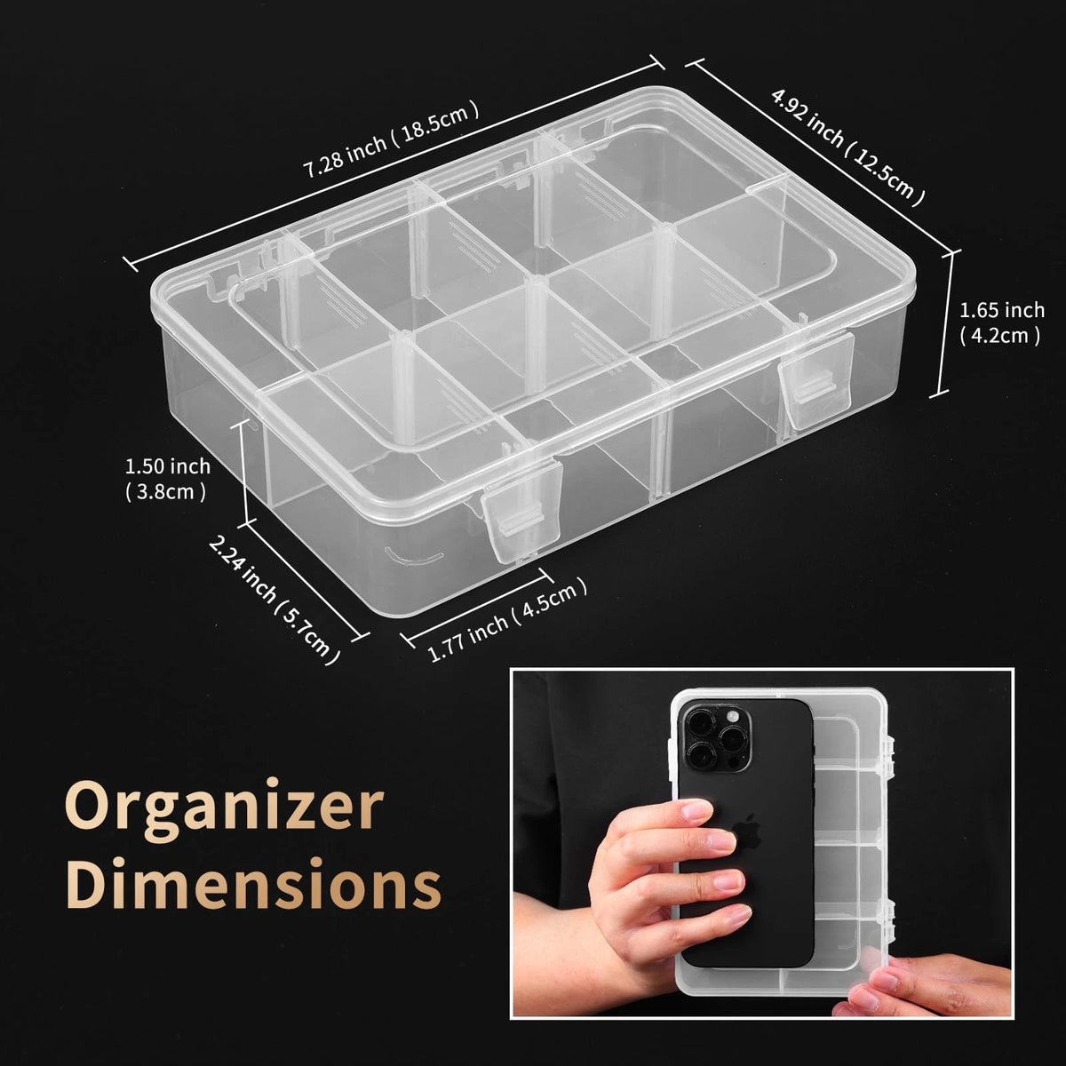 QUEFE 2 Pack 8 Grids Bead Organizers and Storage, Plastic 2pcs, clear