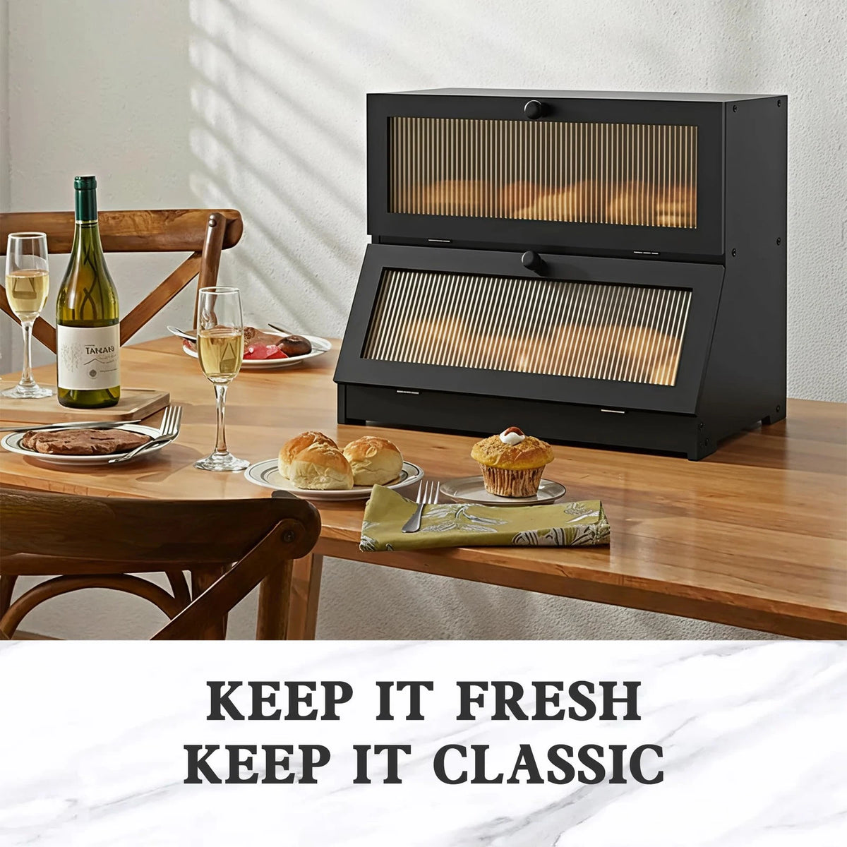 LOHASOK Double Layer Bamboo Bread Box for Kitchen Counter-Large Black