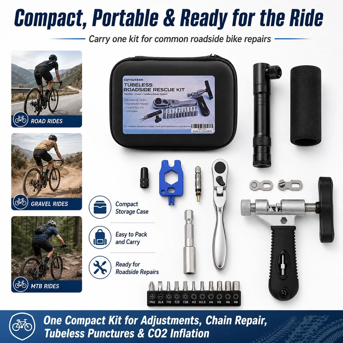 Bike Roadside Repair Kit with Mini Ratchet Tool, Chain Breaker and CO2...