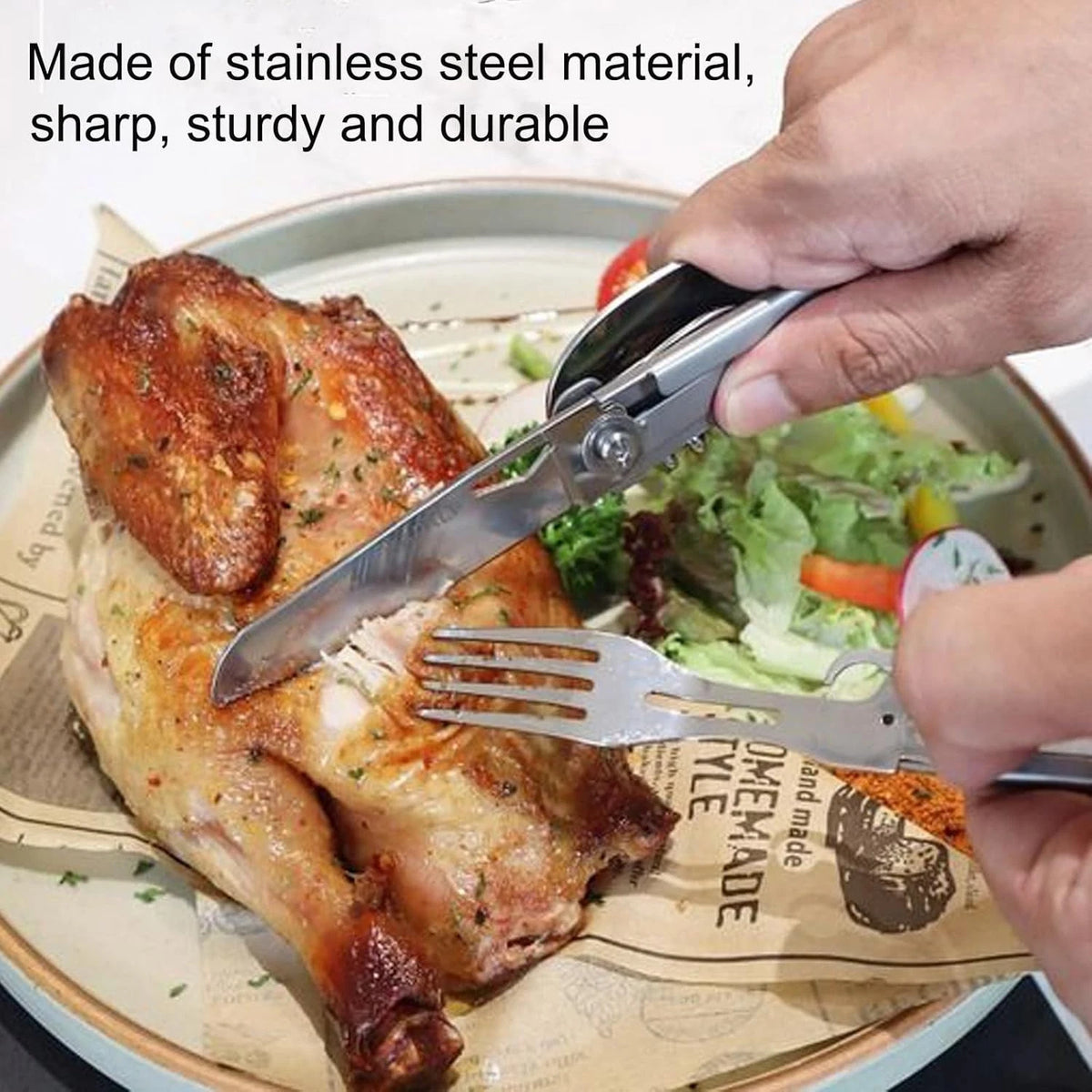 6-in-1 Detachable Camping Utensil, Stainless Steel Cutlery Folding Silver