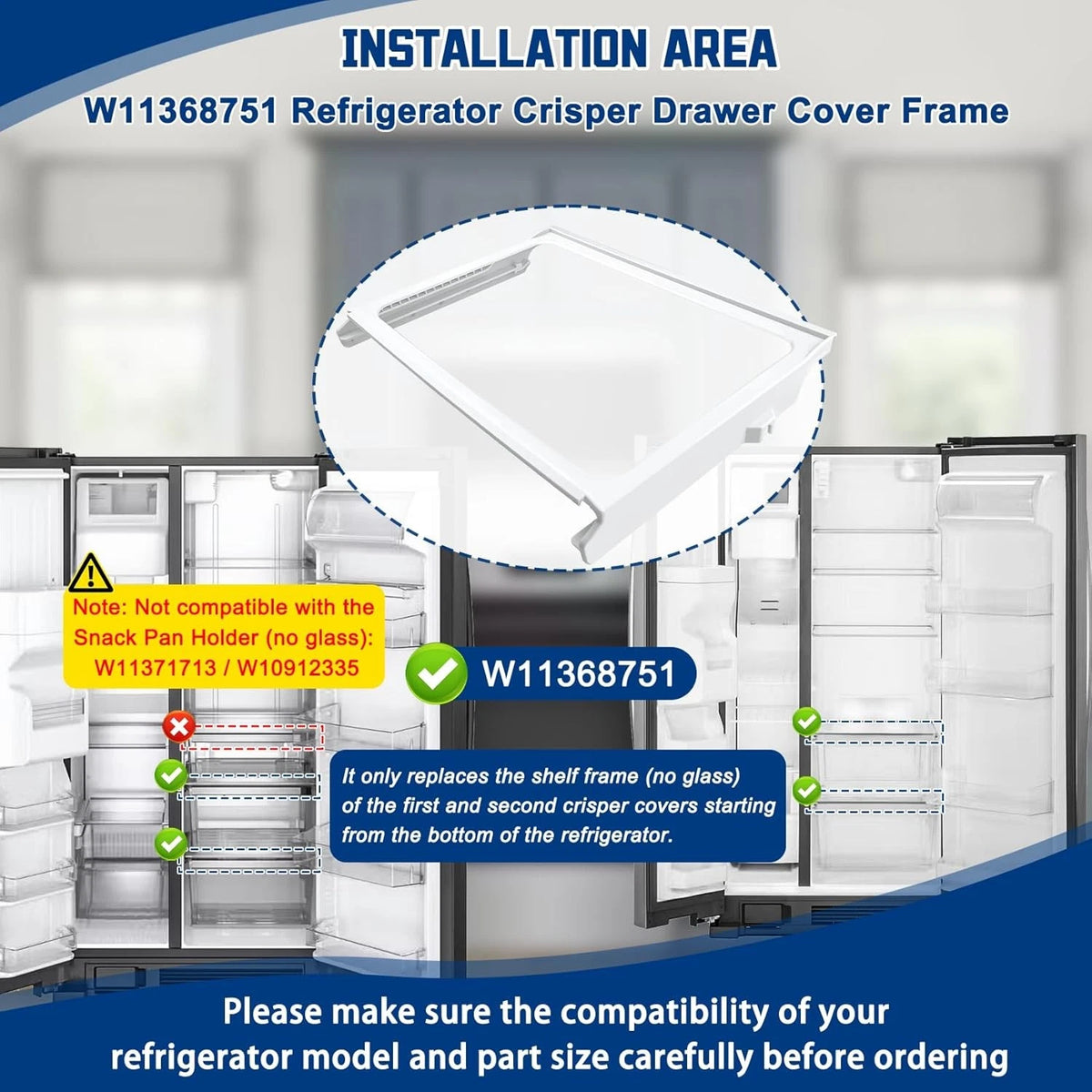 W11368751, W10905531 Refrigerator Shelf Frame(no glass) Compatible with white