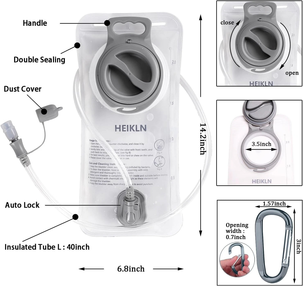 Hydration Bladder 1.5L-2L-3L,Leak Proof Water Reservoir, BPA Free 2L White