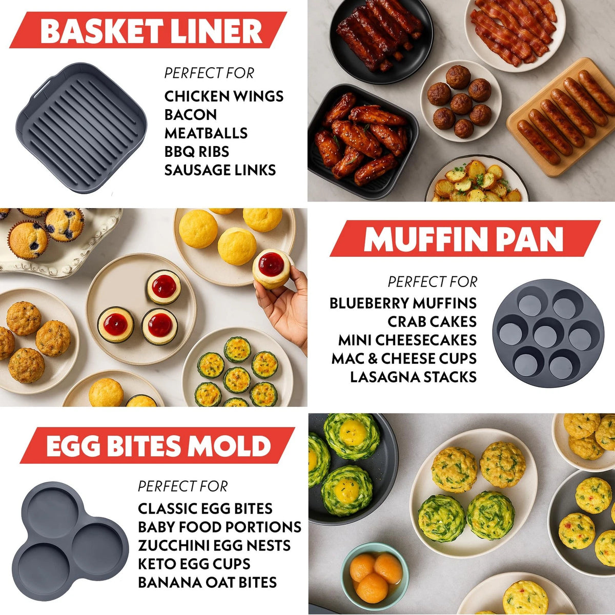 Gourmia Air Fryer Accessories Set - 3 Piece Silicone, 3-Piece Set, Gray