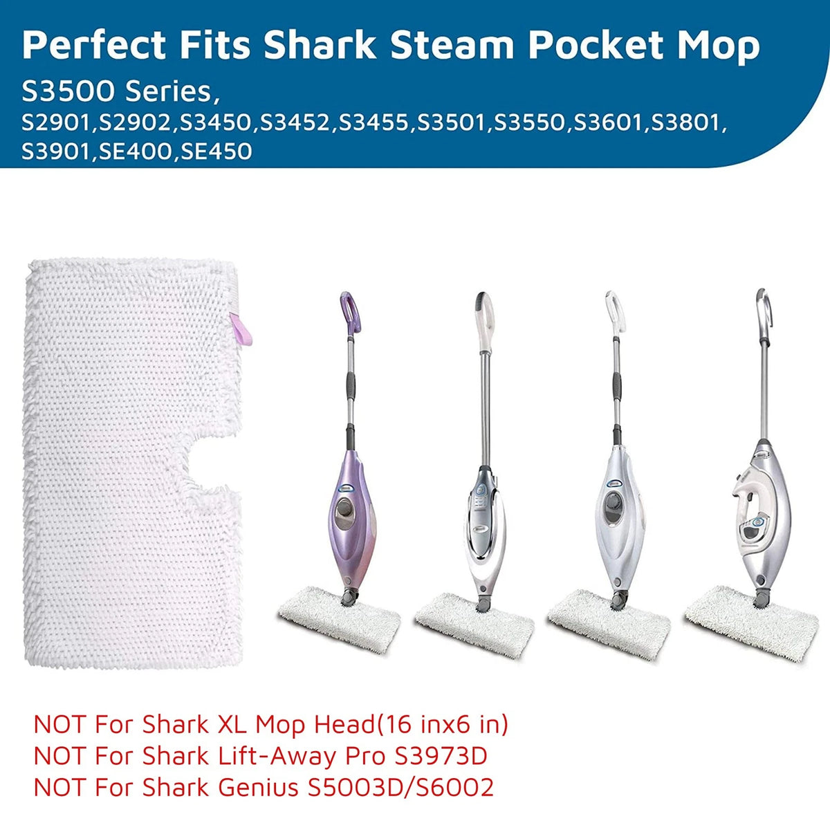 Flammi Steam Pocket Mop Replacement Pads for 12.6 x 7 inches, 4 Pack White