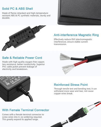 ALITOVE 12V 3A Power Supply Adapter 100~240V AC to DC 12 Volt 3 Tip, Black