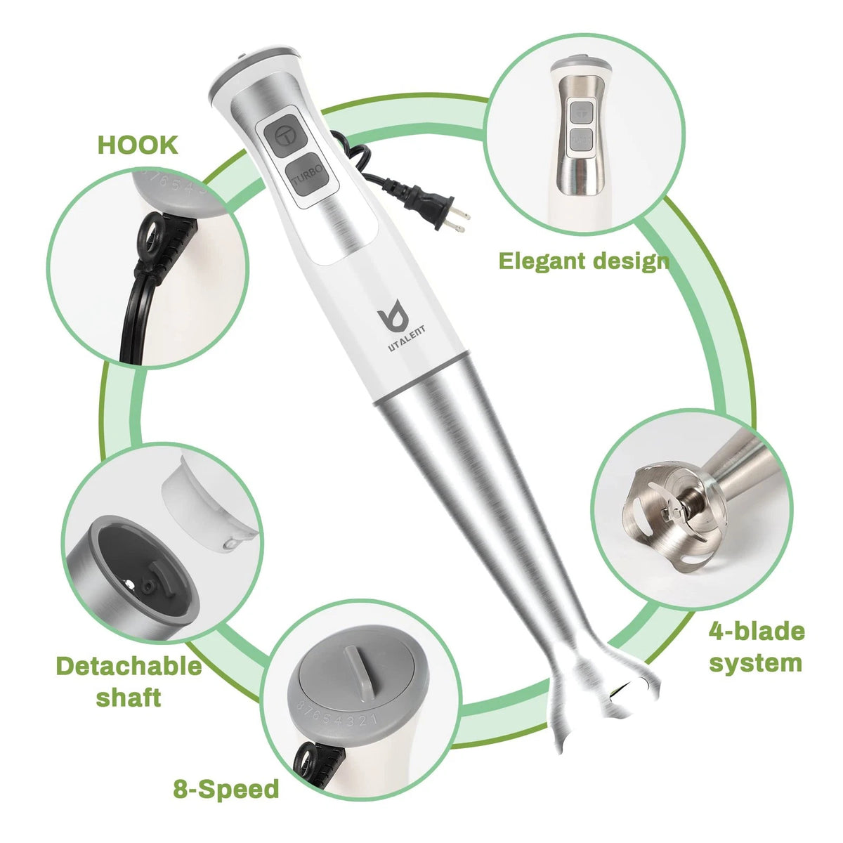Immersion Hand Blender, UTALENT 3-in-1 8-Speed Stick Blender Compact, White