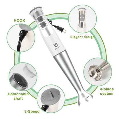 Immersion Hand Blender, UTALENT 3-in-1 8-Speed Stick Blender Compact, White