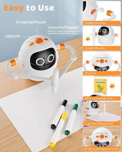Drawing Robot for Kids Ages 3-8, Rechargeable Interactive Colorful