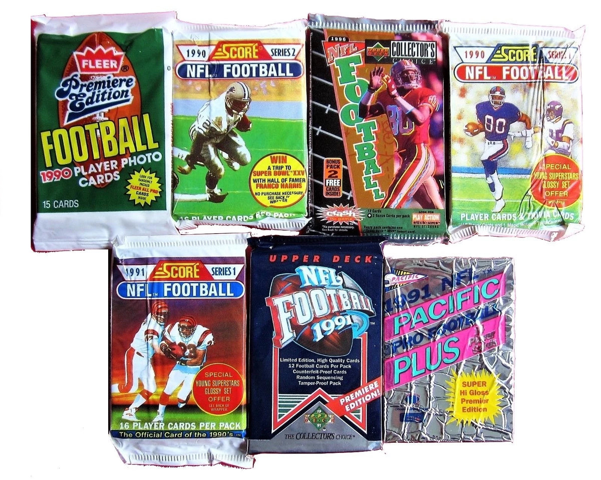 100 Vintage Football Cards in Old Sealed Wax Packs - Retail Box, Mixed