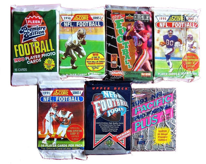 100 Vintage Football Cards in Old Sealed Wax Packs - Retail Box, Mixed