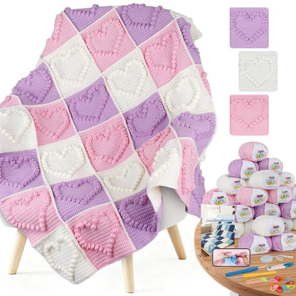 Coopay Crochet Kit for Beginners, GS Blanket Kit, Pinkish-Purple Heart-Shaped