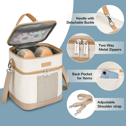 Mancro Breastmilk Cooler Bag with Ice Pack, Double Layer Medium, Beige