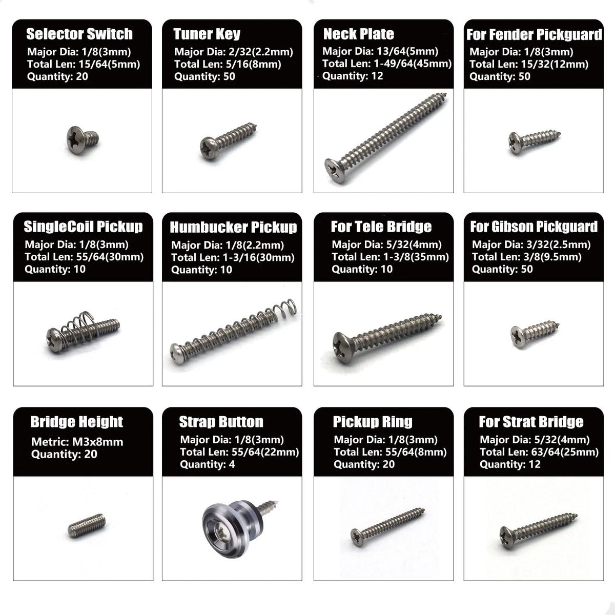 Vencetmat Guitar Screws Standard sizes suitable for guitar hardware, Uncoated