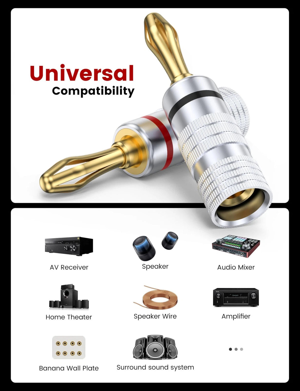 MOSWAG Banana Plugs for Speaker Wire (4 Pairs/8 pcs), Brass 4 Pairs, Gold