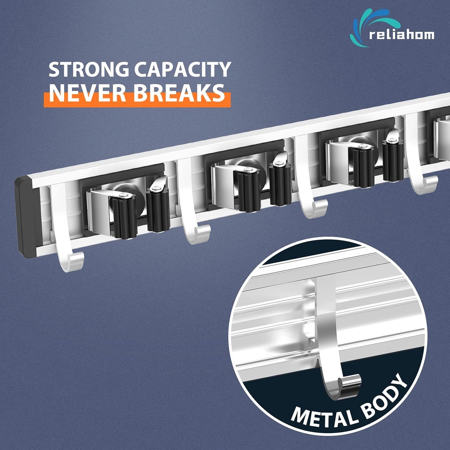reliahom Broom Holder Wall Mount, 4 Racks with 5 Hooks 1 Pack 4R5H, Black