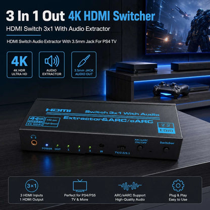 HDMI 3X1 Switch Splitter Audio Extractor 4K 1080P Video Converter For PS4 TV PC