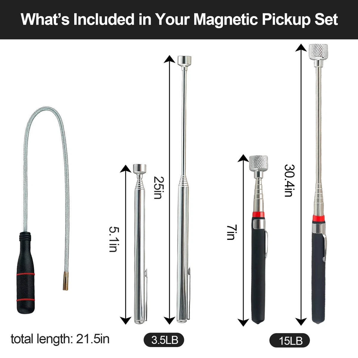 3-Pack Magnetic Pickup Tools 15 & 3.5 3 PCS (Telescoping & Bendable), Silver